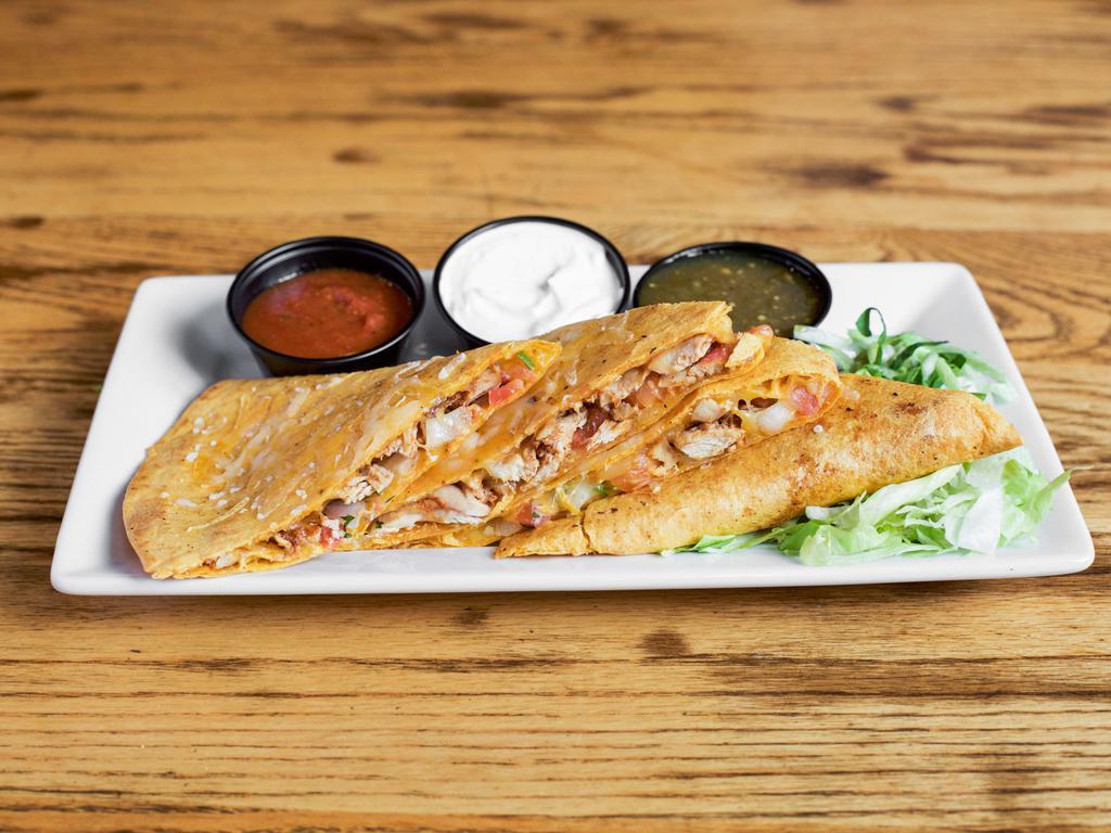 Quesadillas · Choose grilled chicken, beef,  or pulled pork with pico de gallo and cheddar jack or veg out with back beans, guacamole jalapenos and cheddar jack.