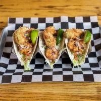 Fried Avocado Shrimp Tacos · Beer battered, flash-fried avocado with sauteed shrimp, pico de gallo and queso fresco on a ...