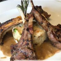 Grilled Baby Lamb Chops · Vegetable risotto and rosemary au jus.