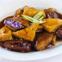 Garlic Egg Plant with Tofu · Hot. Egg plant stir fried with tofu in a spicy brown garlic sauce.