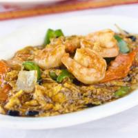 Shrimp with Lobster Sauce · Stir fried shrimp in black beans, bell peppers, garlic, onions and egg flowers in a traditio...