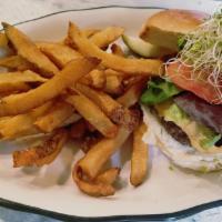 Cali-Patty Burger · Avocado, tomato, lettuce, alfalfa sprouts, American cheese, Fries.