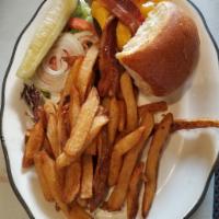 La Vaca Burger · Fried chipotle, pico de gallo, queso oaxaca, Fries.