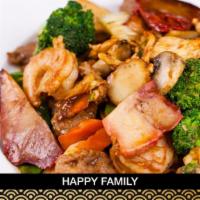 H14. Happy Family · Jumbo shrimp, chicken, beef, pork, Chinese vegetables, corns, mushrooms, snow peas, broccoli...