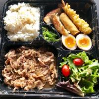 Sukiyaki Beef Bento · Main dish: sukiyaki beef and gyoza, vegetable spring roll, tempura shrimp, softboiled egg, s...