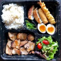 Chashu Bento · Main dish: chashu (pork belly) and gyoza, vegetable spring roll, tempura shrimp, softboiled ...