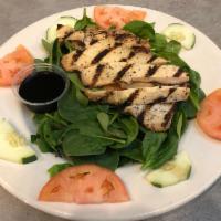 Spinach Salad with chicken · Baby spinach, cucumbers, tomatoes and grilled chicken breast with a side of honey balsamic v...