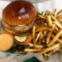 Turkey Burger · Served on a parkerhouse bun with lettuce, tomato and chipotle mayo.  Served with fresh cut f...