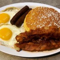 2222 Breakfast · Served with 2 eggs, 2 pancake, 2 sausage and 2 bacon.