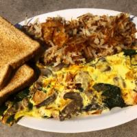 Cheese Omelette Breakfast · Served with hash browns and toast.