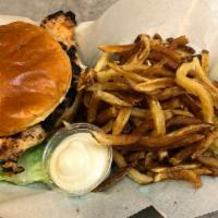 Grilled Chicken Sandwich · Served on a parkerhouse bun, lettuce, tomato and mayo. Served with fresh cut fries.