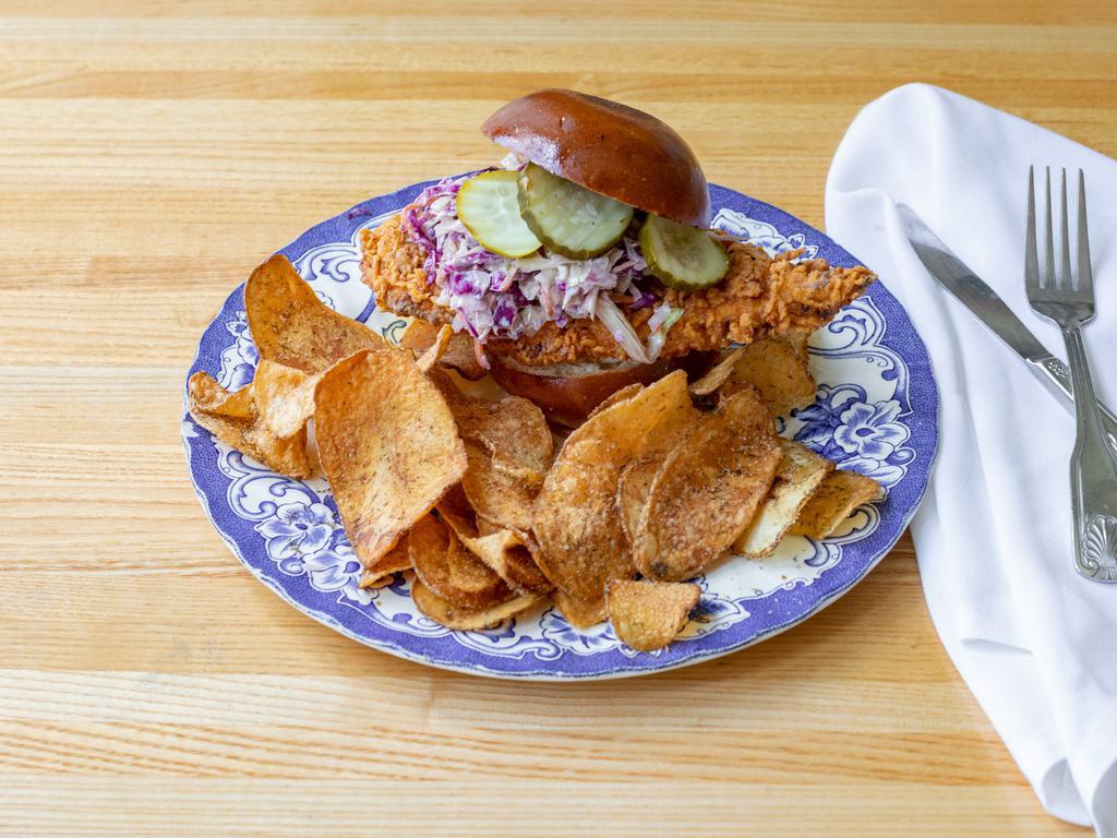 Yardbird Sandwich · Choice of grilled or fried chicken, coleslaw, pickled mustard seed mayo, challah bun, house chips.