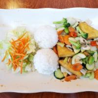 H10. Vegetable Tofu Special · Fried tofu and assorted vegetables stir-fried with homemade special sauce.