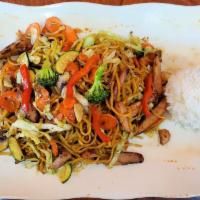 Y1. Chicken Yakisoba · Japanese style noodles stir-fried with vegetables and marinated chicken that’s been grilled ...