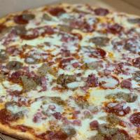 17. Meat Lover Pizza · Pepperoni, bacon, sausage, meatball, ham and extra cheese. Pork free.