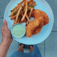 Fish & Chips · Lightly battered and fried fresh cod served with handcut fries and basil tarter sauce. Glute...