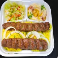 Kefta Kabob plate · 2 skewers of grilled ground Beef & Lamb marinated for a perfect taste served with rice, sala...
