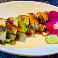 8 Pieces Dragon Roll · Inside: Shrimp tempura, crab, cucumber. Outside: Unagi and avocado.