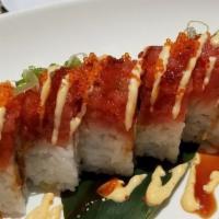 8 Pieces Red Dragon Roll · Inside: shrimp tempura, crab and cucumber. Outside: spicy tuna, tobiko and green onion.