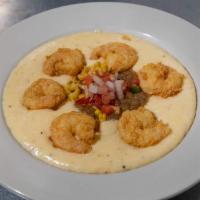 Jumbo Fried Shrimp and Cheddar Cheese Grits · Comes with bacon-cracked pepper gravy and roasted corn salsa.