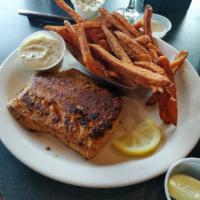 Grilled Salmon · Served with caper remoulade and 2 sides.