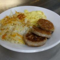 SAUSAGE PATTIES & EGGS · Two Eggs Any Style and 3 Pork Sausage Patties w/ Choice of Potato and Choice of Toast or Pan...