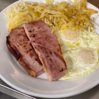 HAM & EGGS · Two Eggs Any Style and Ham off the Bone w/ Choice of Potato and Choice of Toast or Pancakes