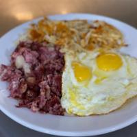 HOMEMADE CORNED BEEF HASH & EGGS · Homemade Corned Beef Hash with Two Eggs Any Style, served w/ Choice of Potato and Choice of ...