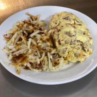 MEAT LOVER'S OMELETTE · Bacon, Sausage, Ham, Monterey Jack & Cheddar. Served w/ Hash Browns or Fruit & Toast or Panc...