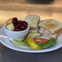 HOMEMADE CHICKEN SALAD SANDWICH · Homemade White Meat Chicken Salad on Whole Grain. Served with Fries or Soup
