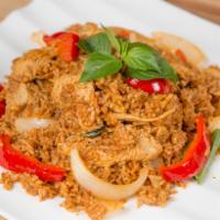 34. Chili Fried Rice · Stir-fried jasmine with egg, onion, chili paste, basil and red bell pepper. Your choice of p...
