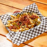 Amigos Fries  · A basket of fries smothered with bacon chipotle mayo, ranch, jalapenos an chives. 