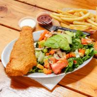 Cod Fish Filet Plate · Beer battered cod fish fillet, served with fries, pico de gallo, salad and tortillas. 