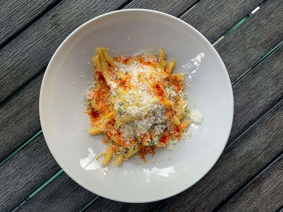 Calabresi Fusilli with Jonah Crab · lemon, shredded brussel sprouts, thai basil, ricotta salata, calabrian chili