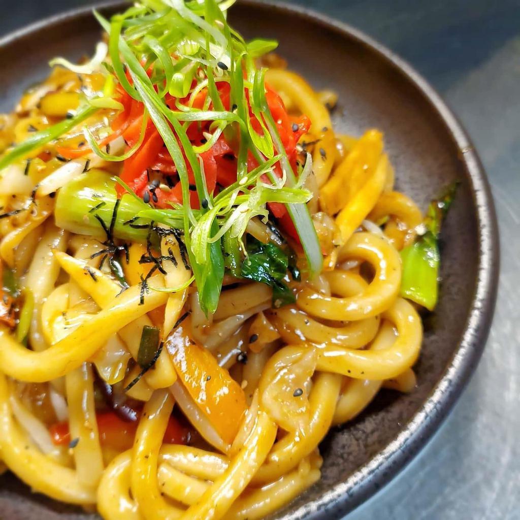 Yaki Udon · Stir Fried Udon Noodle / Cabbage / Scallions / Japanese Worchestire Sauce / Red Pickled Ginger / Dried Seaweed