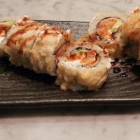 Vegas Roll · Salmon, avocado, cream cheese, tempura fried and eel sauce on top