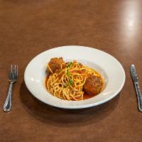 Spaghetti with Meatballs · Italy’s most popular pasta served with Russo's Chianti-braised meat sauce or homemade marina...