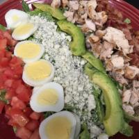 Cobb Salad · Tomatoes, roasted North Fork sweet corn, avocado, grilled chicken, olives, bleu cheese, smok...