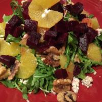 Beet Salad (gf) · sherry-thyme marinated beets, blackberries, mesclun greens, basil marscapone,shaved radish, ...