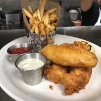 Fish and Chips · Beer battered cod, french fries and lemon caper aioli.