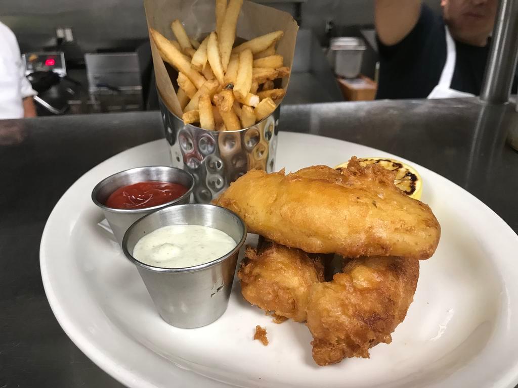 Fish and Chips · Beer battered cod, french fries and lemon caper aioli.