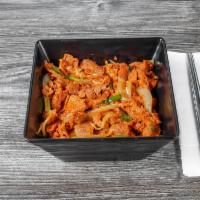 Spicy Pork Bulgogi Box · Thinly sliced pork sauteed with spicy Korean red sauce, onions and scallions on top of white...