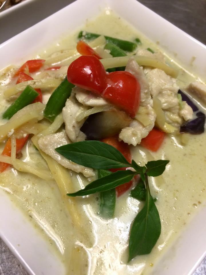 43. Green Curry  · Green beans, eggplant, bell pepper, bamboo shoots, and sweet basil simmered in coconut milk, green curry with your choice of meat.