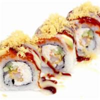 New York Roll · In: Shrimp tempura, Crab, Cucumber
Out: Avocado, Spicy Tuna, Sauce and Crunch
