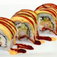 Green Dragon Roll · In: Crab, Shrimp tempura, Cucumber
Out: Avocado, eel and spicy mayo sauce