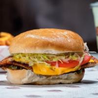Grilled Tilapia Burger · Grilled tilapia filet topped with tartar sauce, lettuce, tomatoes, onions, pickles, American...