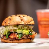 El Paso Burger · Roasted poblano peppers, sauteed onions, bacon, pepper Jack cheese, guacamole, lettuce, and ...