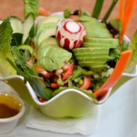 Ak Avocado Salad · Avocado , mediterranean greens, lettuce tomatoes, cucumbers, red peppers, green peppers, cor...