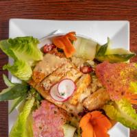Chicken Caesar Salad · Grilled chicken breast, mediterranean greens, lettuce, tomatoes, croutons, parmesan cheese, ...