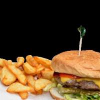 AkCafe Burger · Black angus fresh patty with lettuce, pickles, onions, tomatoes, ketchup and mayonnaise. Ser...